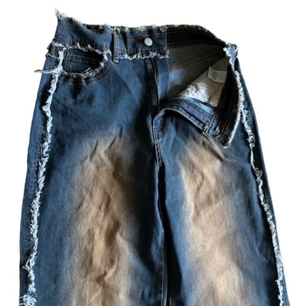 Fashion Nova Frayed Jeans Sabrina Size 11 Straight Leg High Rise Dark Wash - Picture 4 of 10